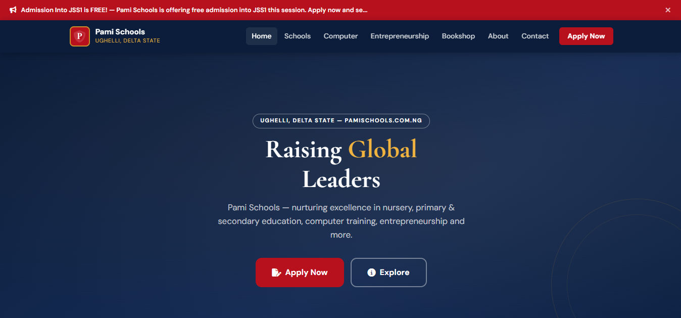 Pami Schools Education Website built by Bigg3rly Labs